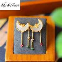 kissflower er136 fine jewelry wholesale fashion woman girl bride birthday wedding gift moon star jade 24kt gold stud earrings