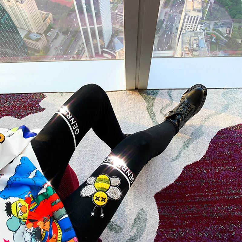 Женские узкие брюки с блестками Модные зауженные карандаш мультяшным бисером