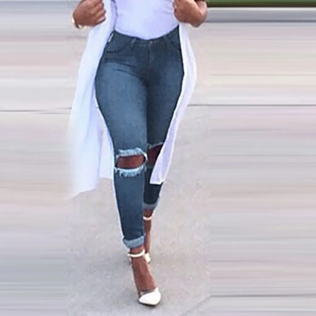 Женские джинсы с карманами и дырками размера плюс Сексуальные облегающие брюки