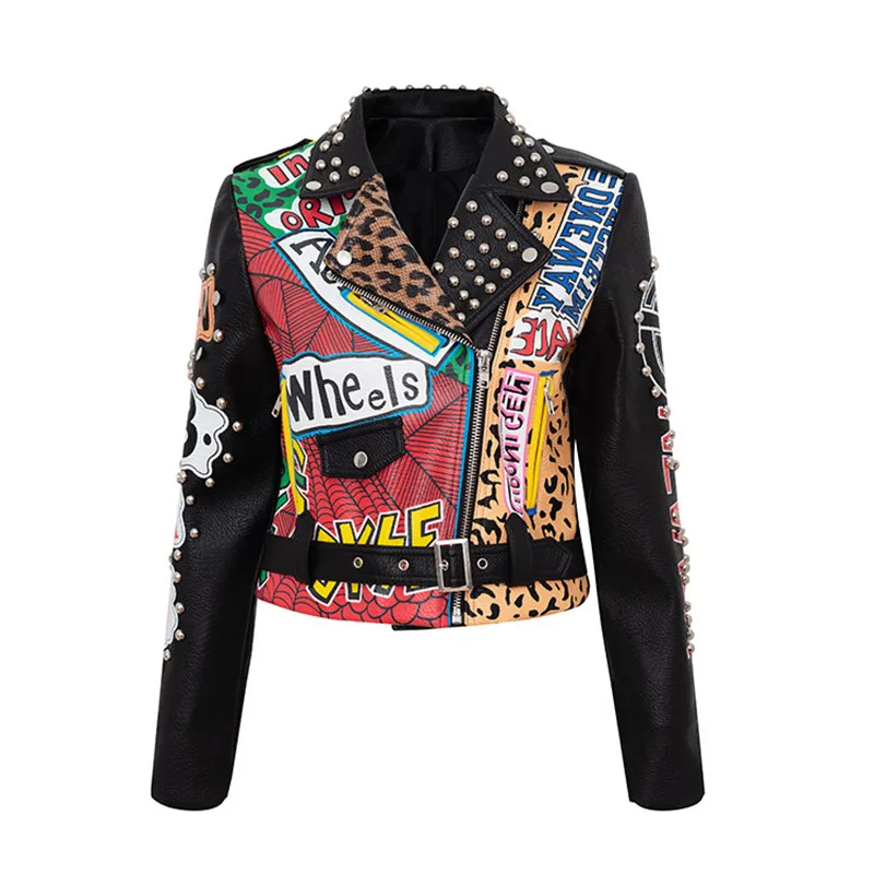 

Autumn Winter New Fashion Zipper PU Leather Printed Semi-open Collar Rivet Women Jacket Short Female Coat Slim