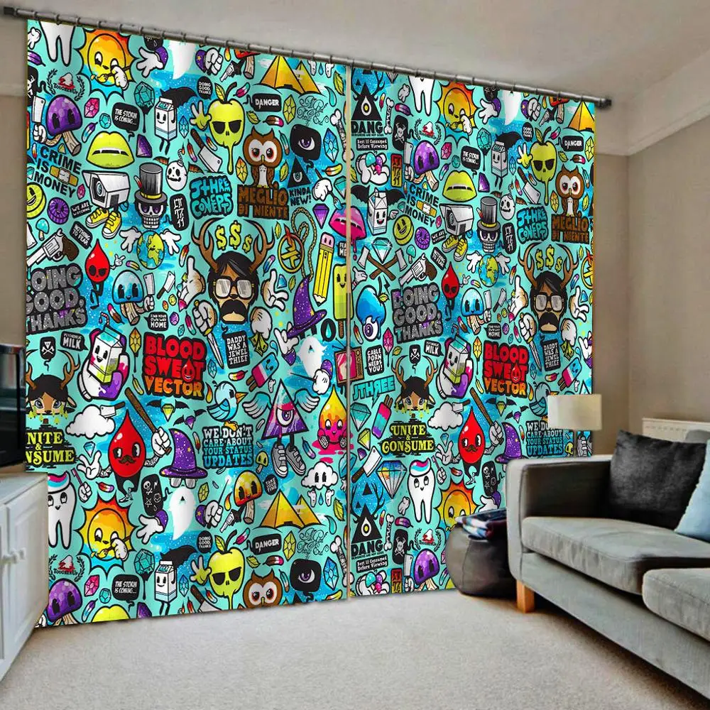 Синяя занавеска с граффити для детей 3D роскошная Затемняющая оконная