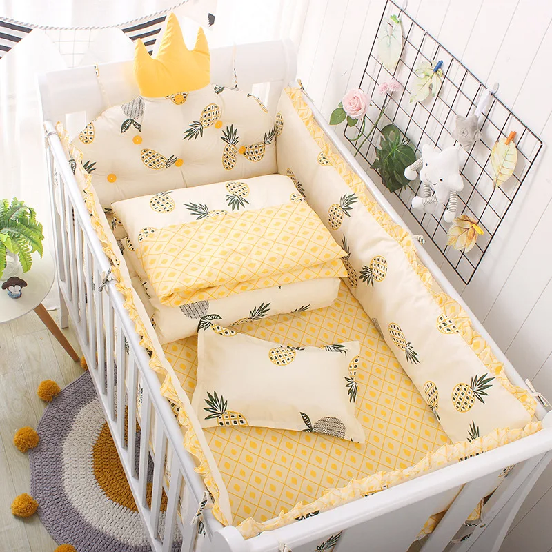 4pcs Bumper+1pc Bed Sheet Baby Cot Bumper Cotton Pineapple Print Newborn Infant Baby Crib Bed Bedding Set ChildRoom Decoration