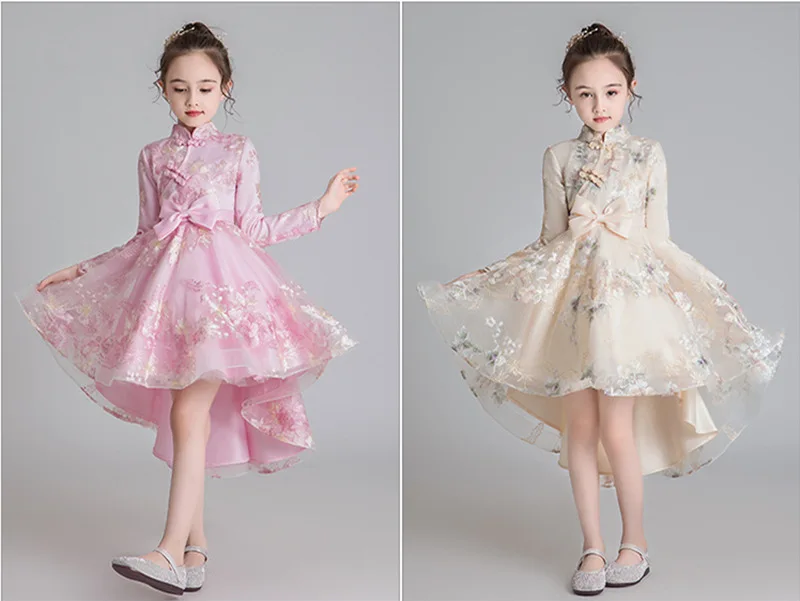 Flower Embroidered Long Sleeve Autumn Winter Bow Lace Tutu Girl Princess Dress Costumes Clothes Show Evening Party Dress WG-1210