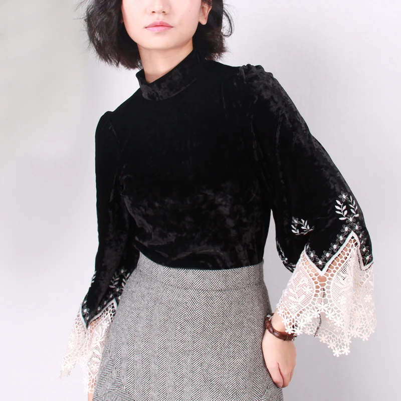 Женская кружевная рубашка XITAO винтажная блузка на молнии с высоким воротником и