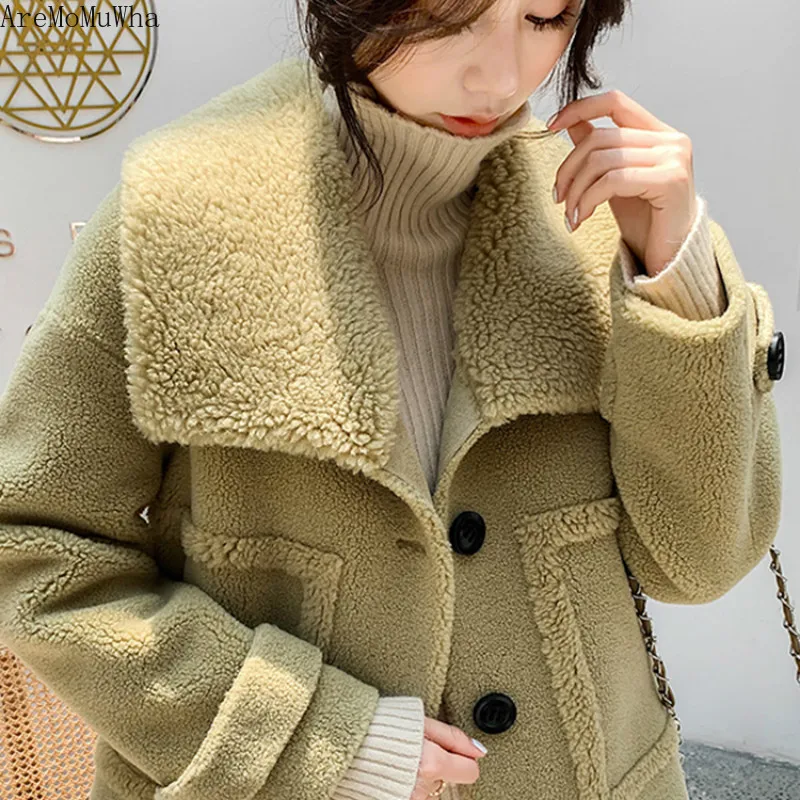 Новое зимнее меховое пальто AreMoMuWha из овечьей шерсти Дамское Свободное с