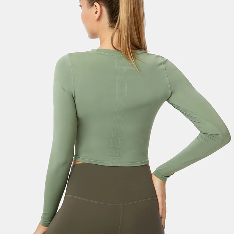 Women Crop Top Yoga Shirts Longsleeve Sportswear Tie a Knot T Shirt Gym Clothing Femme Running Fitness Breathable Crew Neck Top