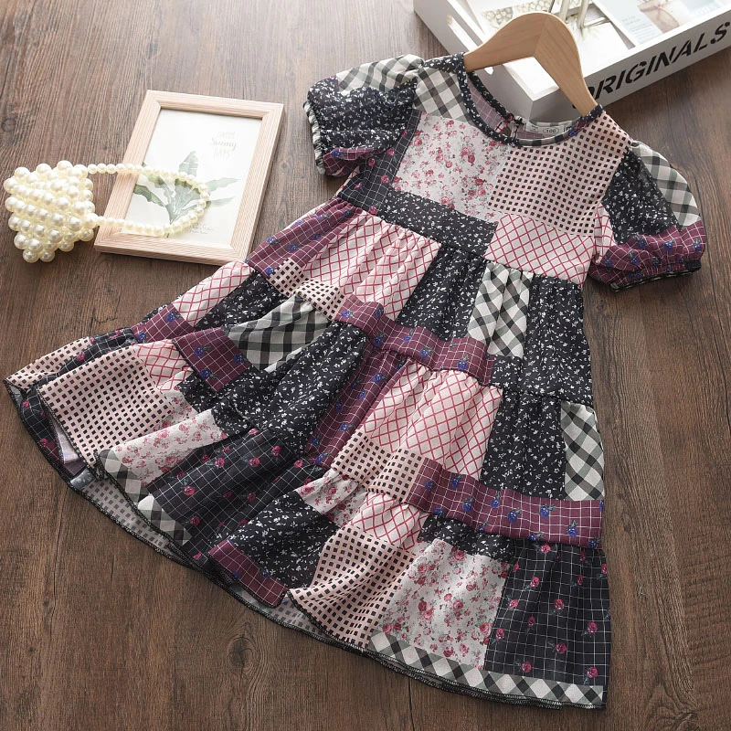 

Girls Summer Dresses New Fashion Kids Baby Plaid Patchwork Vestidos For Girl Children Short-sleeved Clothes 3-7 Years