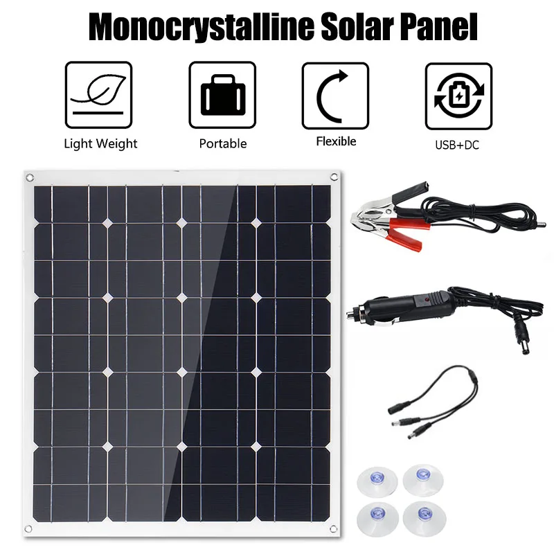 

200W Solar Panel Monocrystalline Flexible Solar Cells Charger Waterproof Batteries For Cars RV Boats DC 12V USB 5V 60x52cm