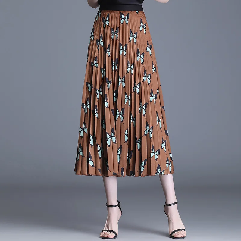

Women Skirts Butterfly Print Loose Long Pleated Skirt Lady Korean Elegant Fashion High Waist Big Swing Summer 0108