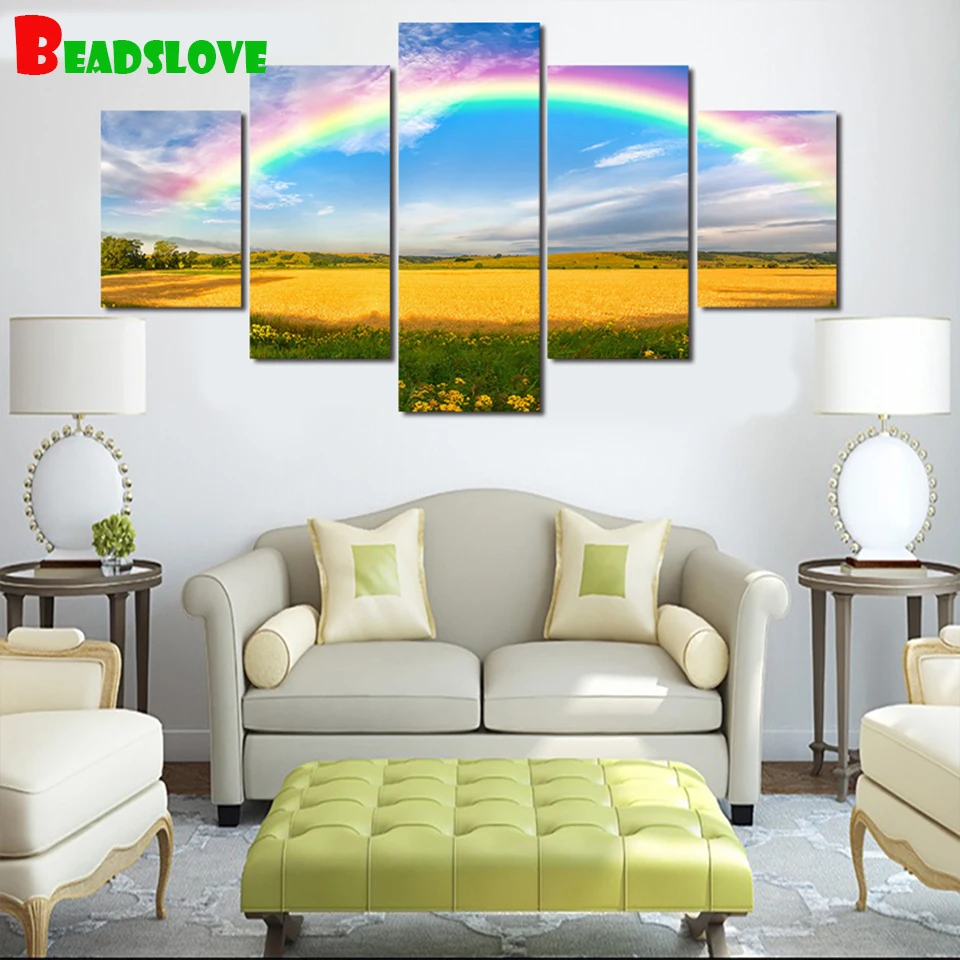 

5 панелей Красивая Радужная пшеничное поле «сделай сам», алмазная живопись, полная выкладка, круглая Алмазная вышивка, распродажа, мозаика, ...