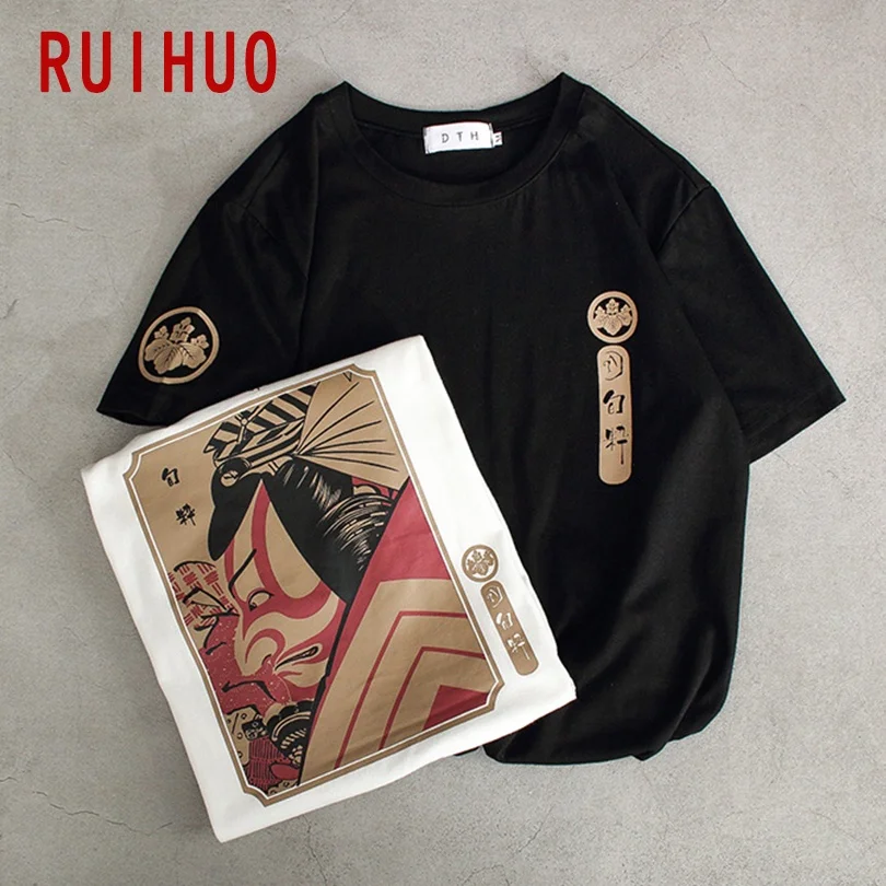 RUIHUO 2022 Новая летняя футболка с коротким рукавом мужская японским принтом самурая