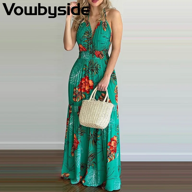 

Женское летнее платье макси с открытой спиной и тропическим принтом