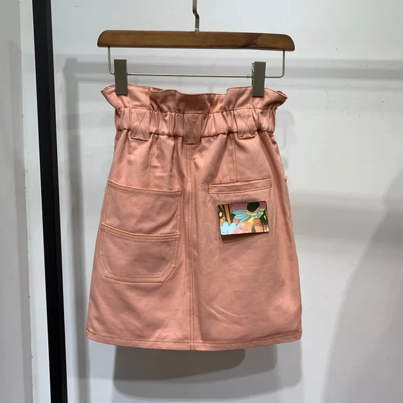 

High Quality Women Pink Denim Two Piece Set Double Breasted Short Sleeve Tops Coat Elastic High Waist Jeans Sweet A-Line Skirts