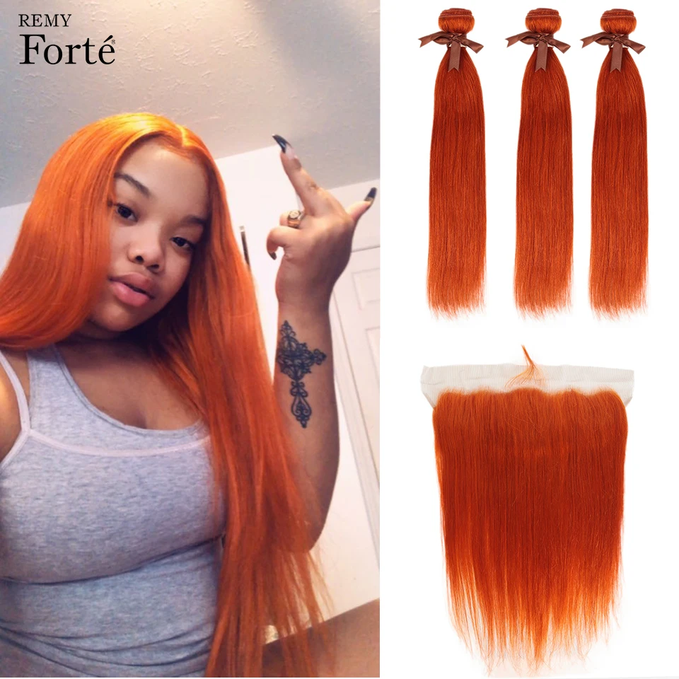 Remy Forte Straight bundles with closure Blonde Orange Bundles With frontal Brazilian Hair Weave Bundles 3 Bundles Hair Fast USA