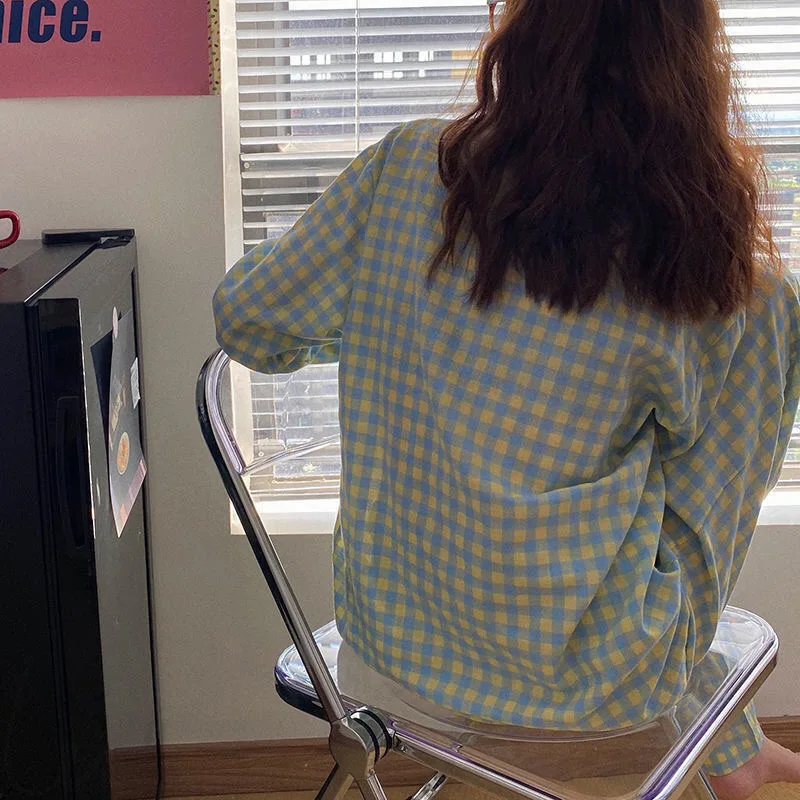 QWEEK Plaid Women Pajamas Korean Green Girls Pyjamas Sets Autumn Pijamas Sleepwear Nightie Nightgown Loungewear Dropshipping