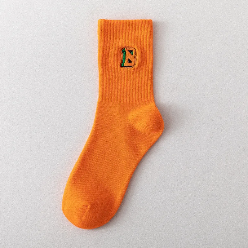 

4pairs Women Socks Orange Series Orange Letter B Embroidery Cotton Middle Tude Socks Personality Color Tide Female Couples Socks