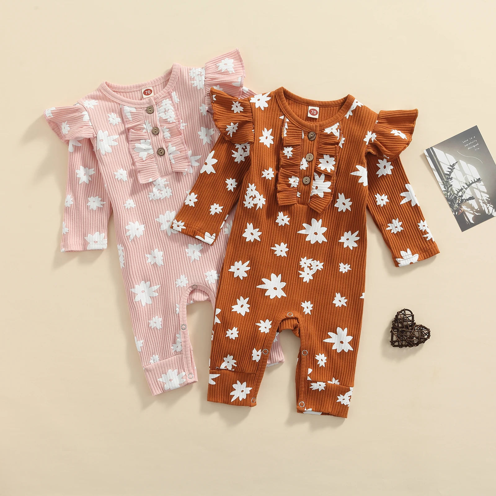 

Baby Girl Casual Flying Long Sleeve Jumpsuit Fashion Infant Printing Button Ribbed Round Neck Long Romper