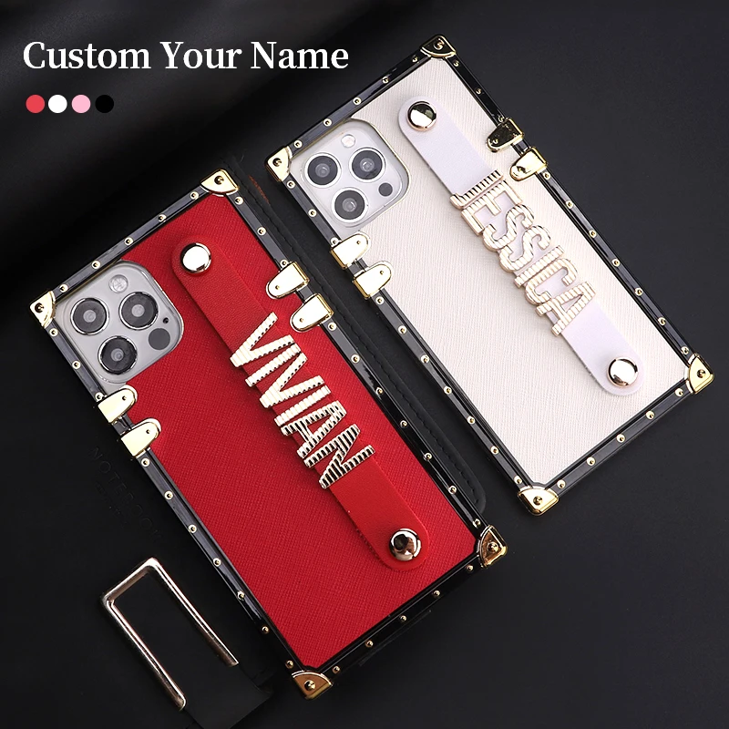 

Custom Name Trunk Case Holding Leather Phone Case For iPhone14 14ProMax 14Plus 13Promax 13 12 1 Gold Striped letter Luxury Cover