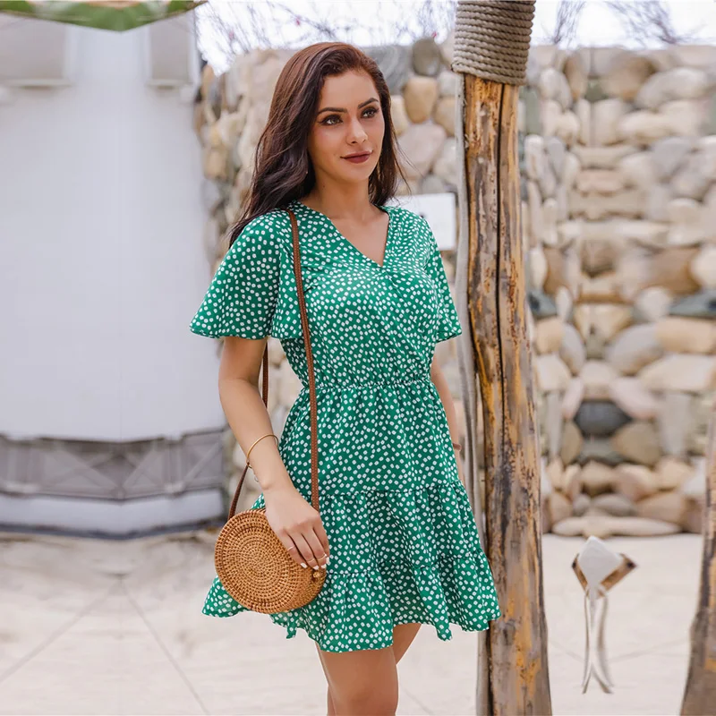 

2021 Spring Summer New Fashionable V Neck Buterfly Sleeves Floral Short Dress For Women's Casual Printed All Match Mini Dresses