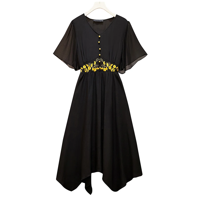 

plus size L-5XL women dress elegant vintage short sleeve V neck floral embroidery black dress vestido casual summer long dress