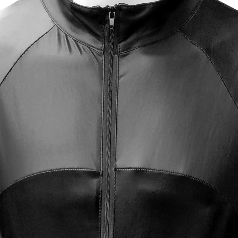 

Faux Leather Men Slim fit Bodysuit Long Sleeve Patchwork Open Crotch Zipper Gay Sexy Lingerie Body Night Club Jumpsuit Bodysuit