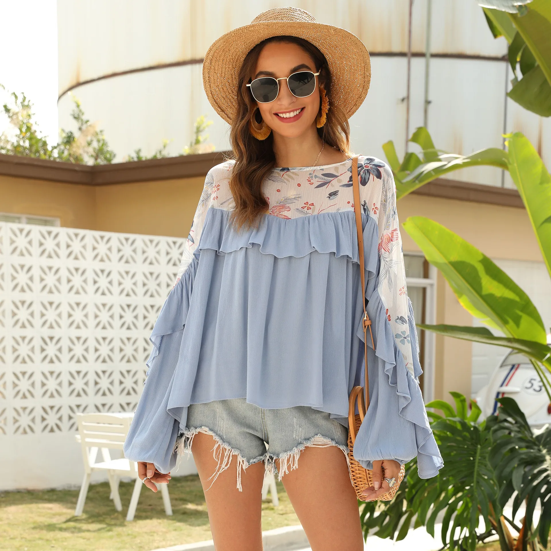 

Modern Ruffles Floral Print Woman Tshirts Feminina Loose Waist Graphic Tee Vintage Folds Long Sleeve Shirts for Women Pullover