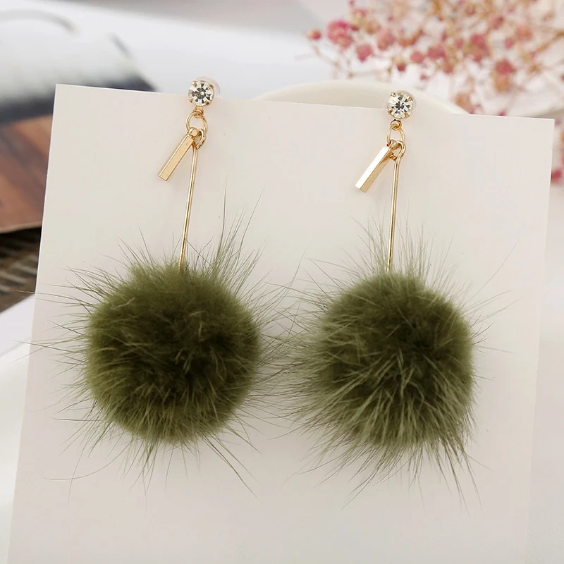 Light Green Серьги в Корейском стиле с милым кроличьим мехом и помпоном, длинные висячие серьги для девочек и женщин, уникальные мягкие Висячие серьги, ювелирные изделия - Окраска металла: Light Green