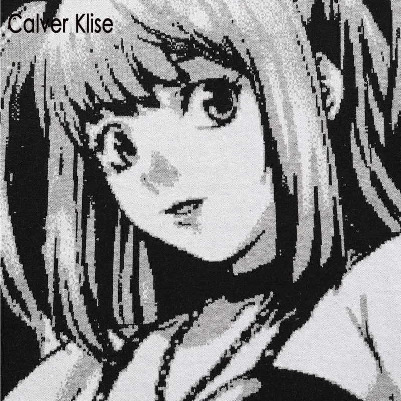 

Calver Klise New Anime Girl Knitted Sweater Jumpers Hip Hop Streetwear Harajuku Japanese Retro Knitwear Tops Men Cotton Pullover