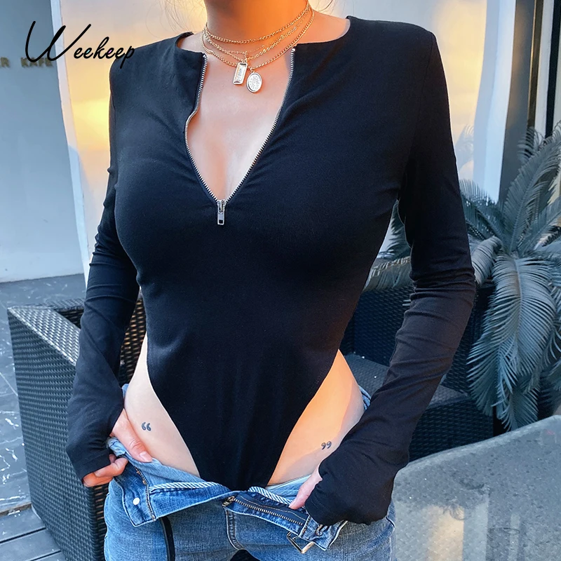 

Женский Облегающий комбинезон Weekeep, Черный Повседневный боди на молнии с длинным рукавом и высокой талией, 2020