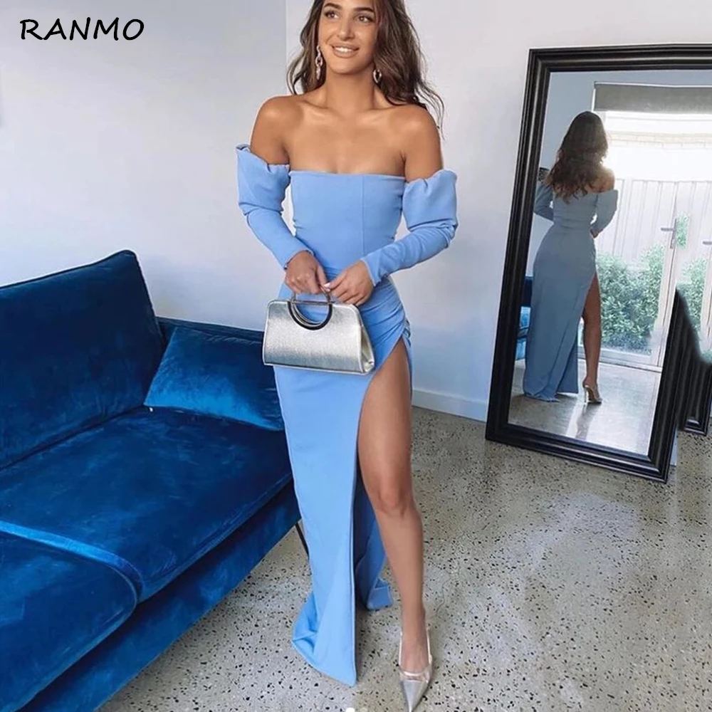 

Blue Mermaid Long Evening Dresses Sexy Side Split Prom Gowns Removable Full Sleeves Women Special Occasion Party Dress