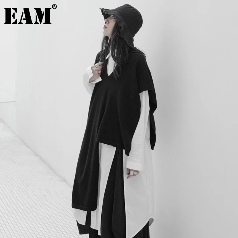 

[EAM] женский свободный Черный Асимметричный вязаный жилет большого размера, новый модный жилет без рукавов с v-образным вырезом, весна-осень ...