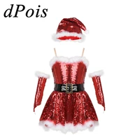 dpois kids glitter christmas costume girls dance wear cosplay santa claus skating dress child xmas outfit shiny new years suit