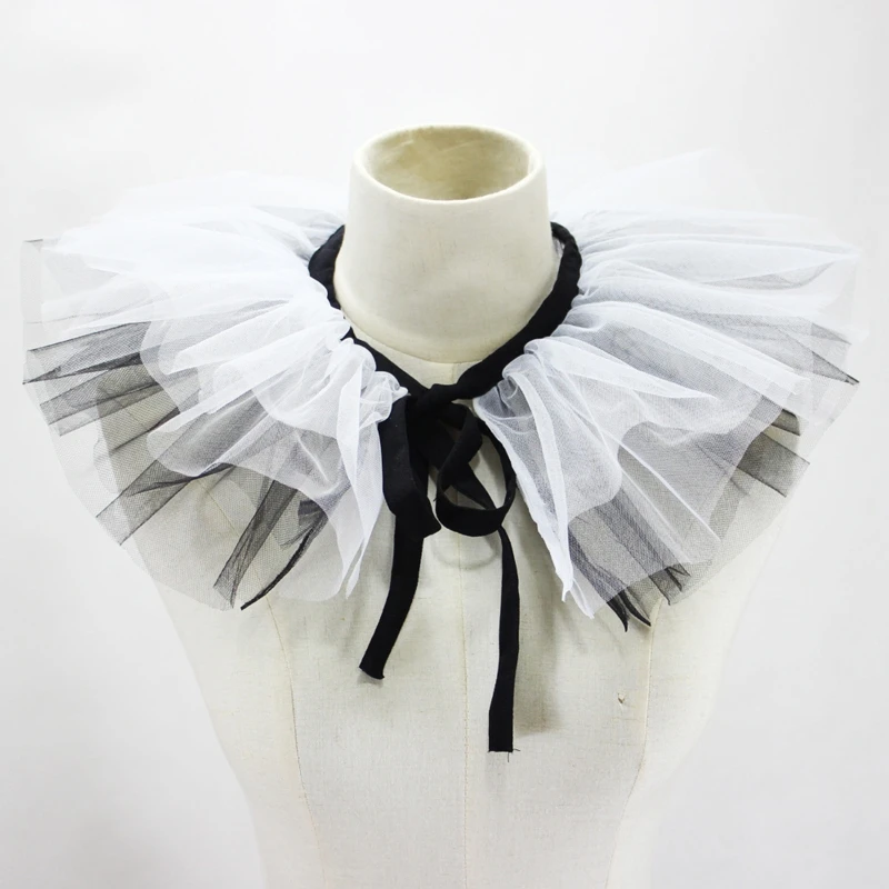 

Renaissance Tulle Ruffled Fake Collar Layered Black White Mesh Clown Choker Ribbon Victorian Neck Ruff Cosplay Shawl