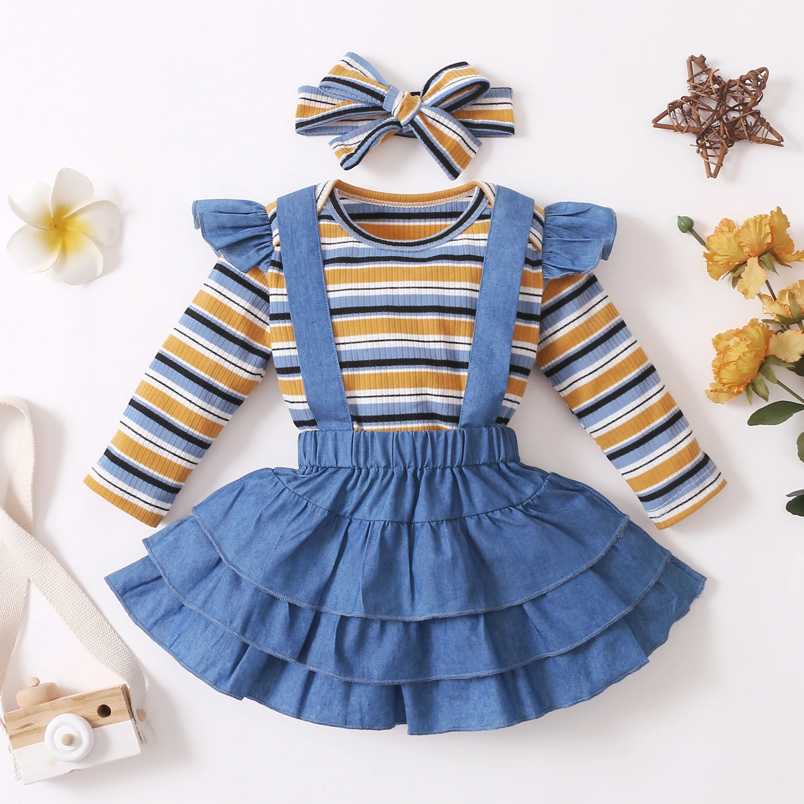 

3Pcs Baby Girl Skirt Dress Set Infant Kids Clothing Striped Romper + Ruffle Denim Suspender Skirts Newborn Girl Clothes