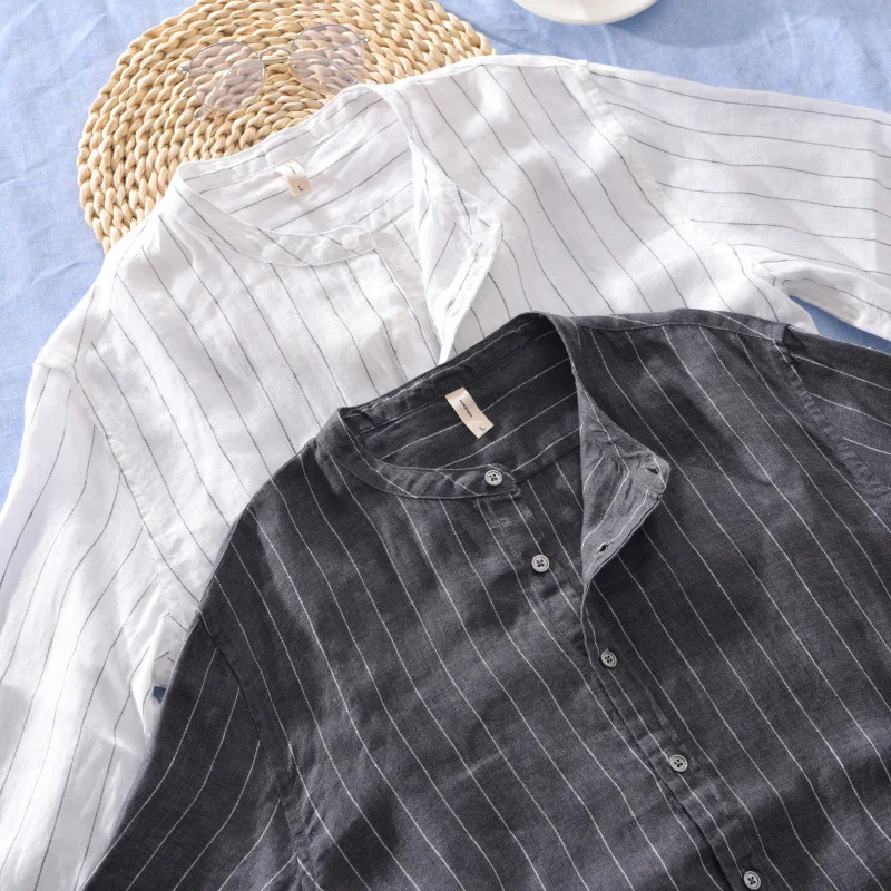 Рубашка Мужская льняная с воротником-стойкой модная сорочка полурукавами