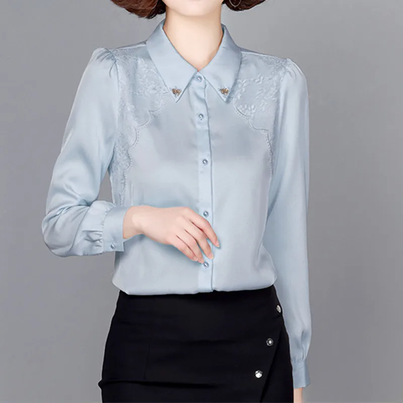 

Autumn Women Shirt 2021 Satin Chiffon Blouses for Women Fashion Embroidered Long Sleeve Top Female Turn-down Collar Basic Shirts