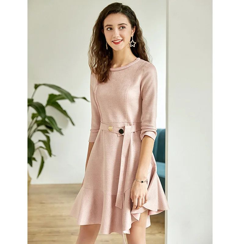 Осенне-зимнее платье 2019 женское замшевое элегантное розовое Сетчатое с оборками