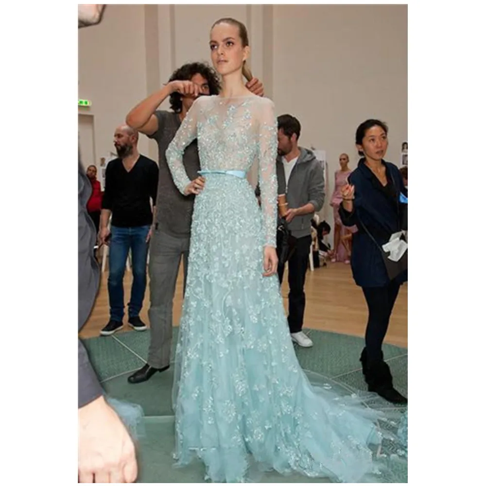 

Luxury Bling Bling Elie Saab Celebrity Dresses A-Line Sheer Bodice Long Sleeve Appliques Evening Dresses Prom Gowns