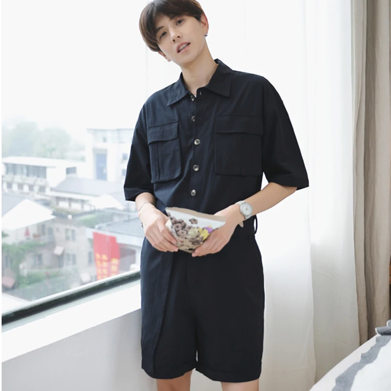 Cool Shirt Youth trendy men's summer one piece pants dress Korean casual straight tube short sleeve thin style retro solid summe