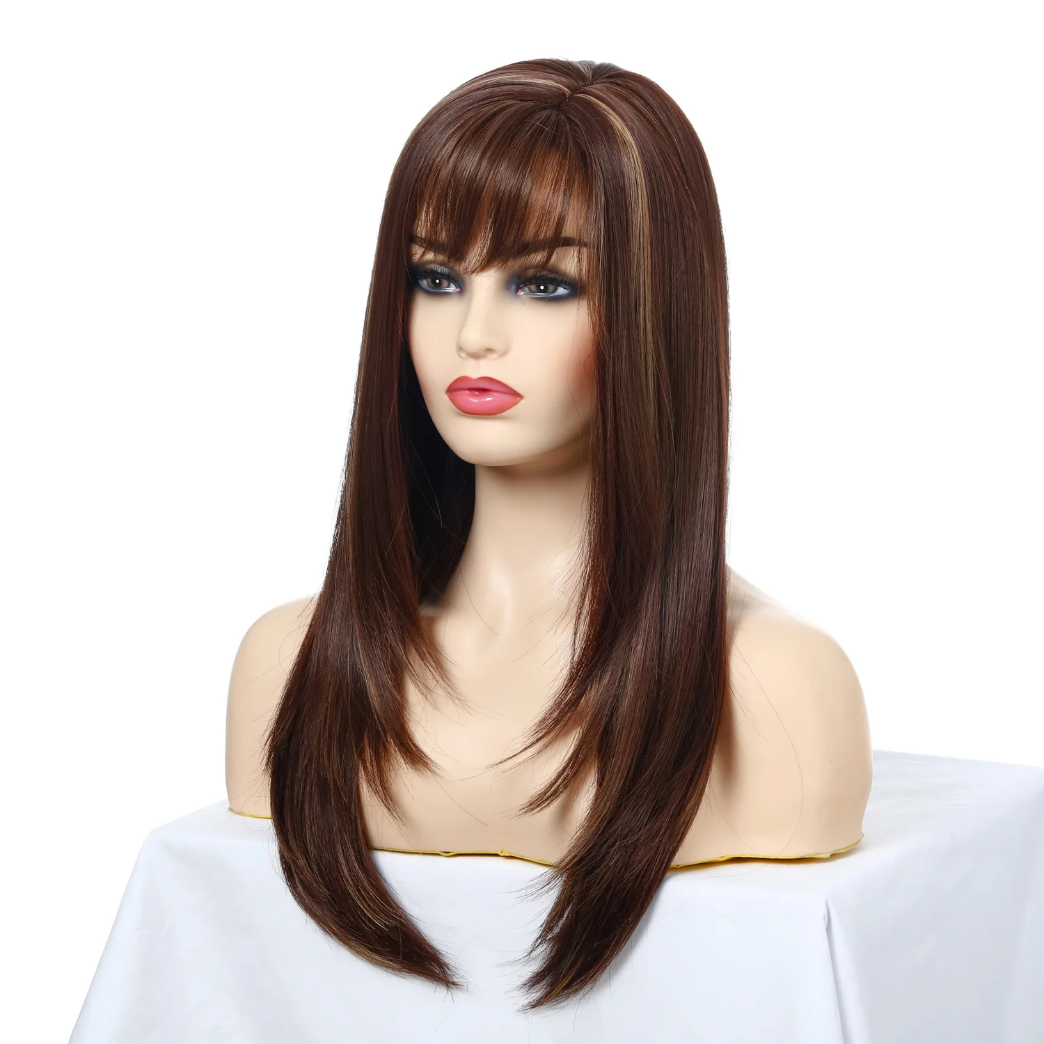 

Long Wavy Wig for Women Brown Mixed Light Gold Synthetic Hair Middle Part Wigs With Bangs Heat Resistant for Daily Use Wig