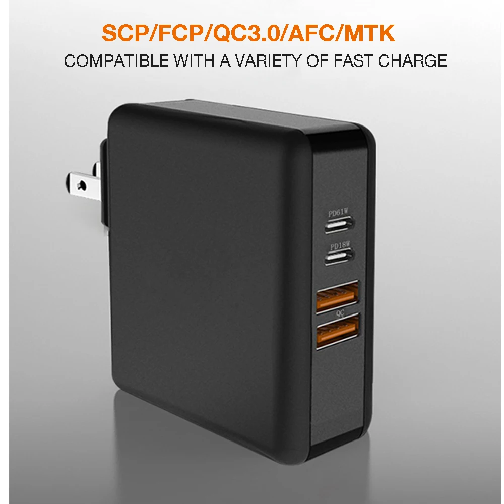 2 порта PD 61 Вт USB C адаптер питания 2 порта QC3.0 18 Вт настенное зарядное устройство для huawei xiaomi samsung iPad iPhone MacBook(и USB-C кабель