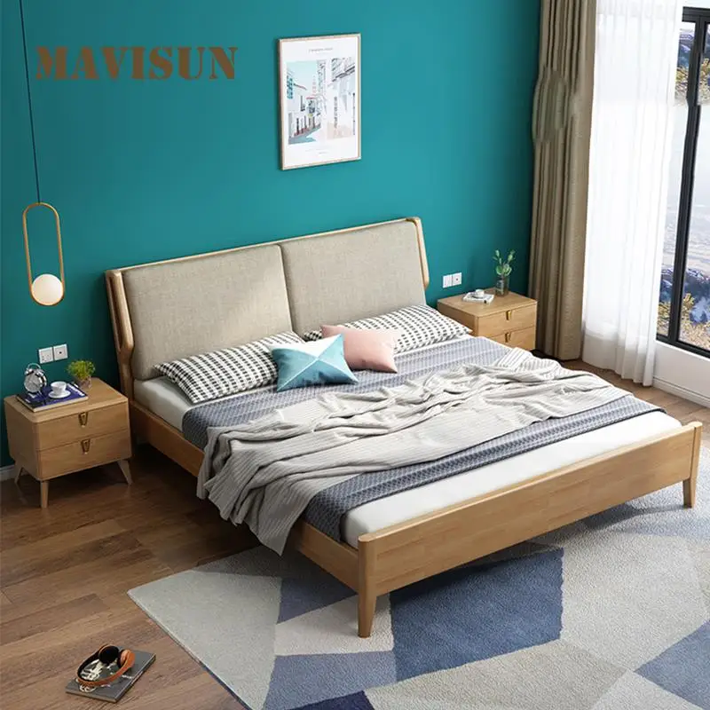 

Two Sizes Wood Platform Nordic Double Bed With Soft Backrest 1.8m Modern Minimalist Comfortable High Quality Bedroom Furniture