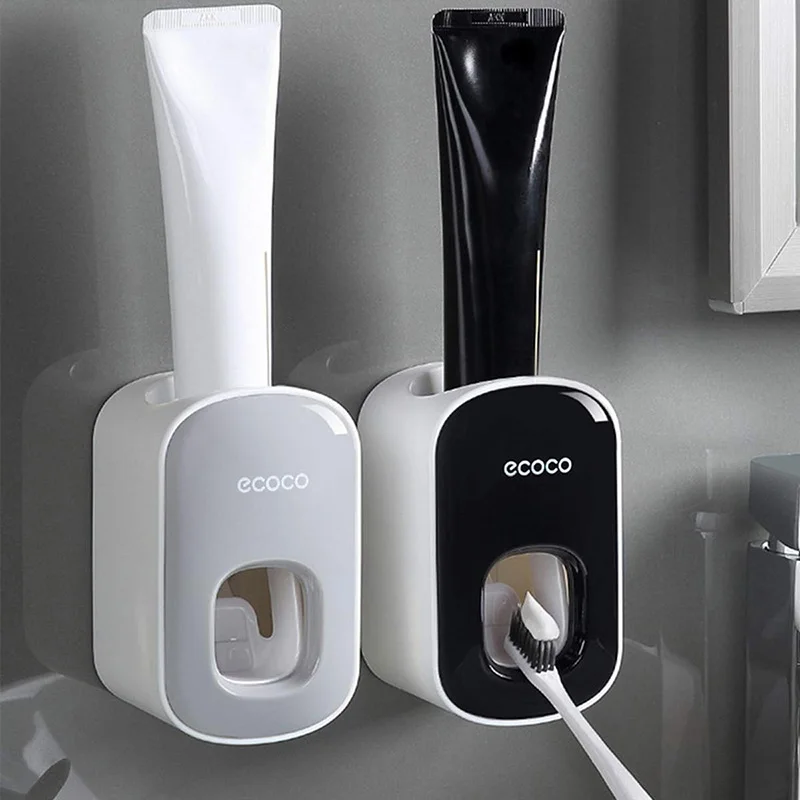 

ECOCO Automatic Toothpaste Dispenser Wall Mounted Toothpaste Squeezers Bathroom Accessories Dustproof Toothbrush Holder for Home