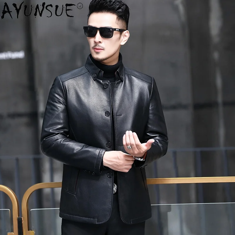 

Куртка AYUNSUE мужская из 100% натуральной кожи, 2021, зимняя куртка на белом утином пуху, с воротником-стойкой, мужское пальто из козьей кожи, мужская куртка Gmm381