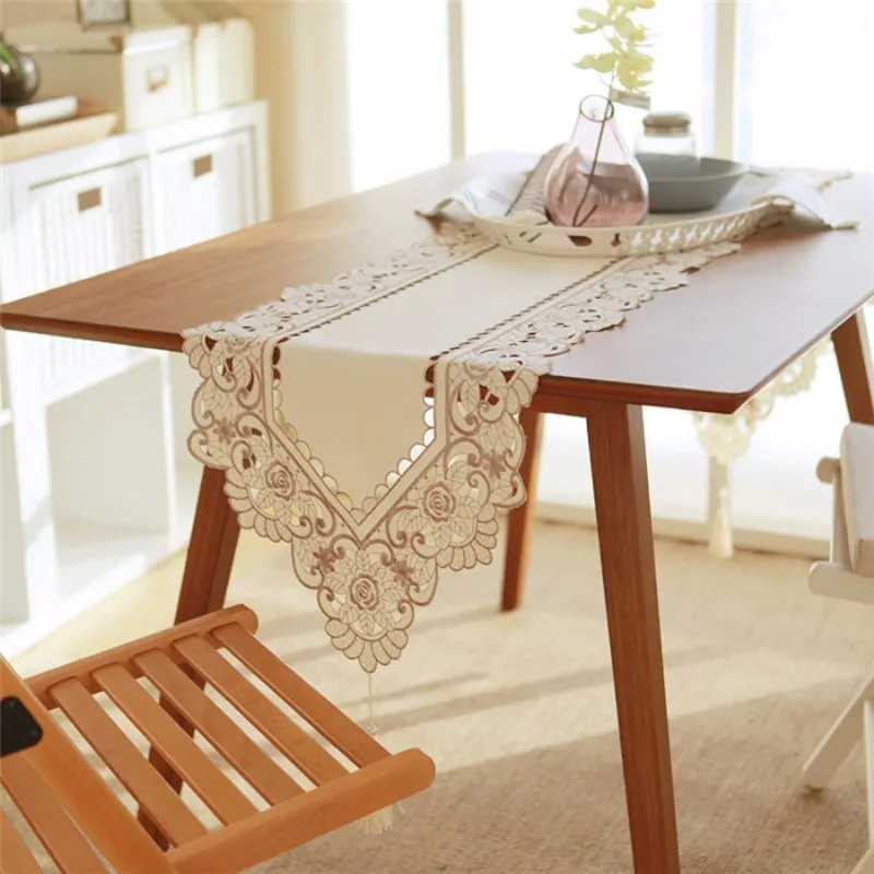 

European Pastoral Handmade Cutwork Embroidered Floral Tablecloth Table Runners for Kitchen Dinner Dressing Table Home Decoration