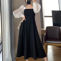 houzhou vintage midi dress women elegant lantern sleeve patchwork square collar slim sexy black party dresses korean fashion