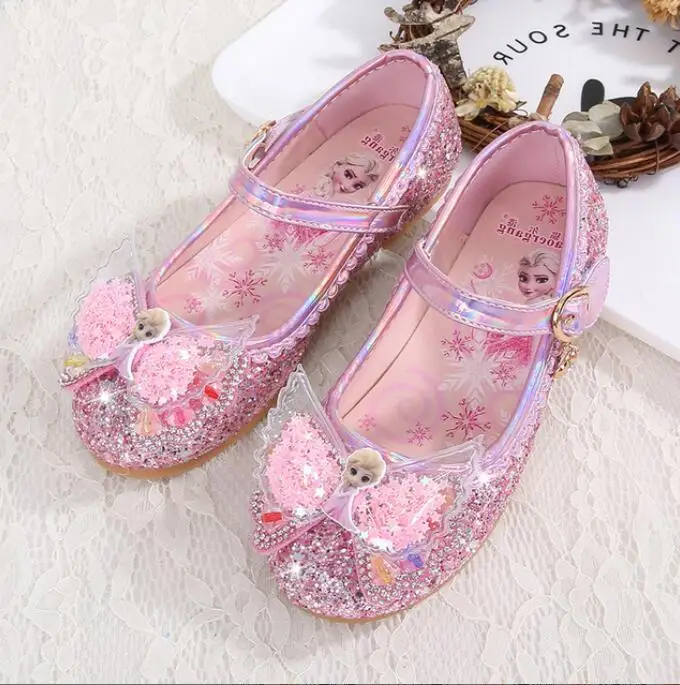 Kids Princess Elsa Sandals Girls Glitter Leather Shoes Fashion Bow Party Wedding Dress Flat Children Banquet |