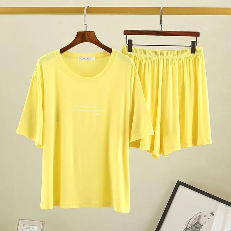

Print Letter Pajamas Suit 2pcs Women Nightwear Sleepwear Cute Shirt&shorts Sleep Set Modal Summer Nightshirt Casual Sleepshirt