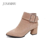 ankle high heels boots women square heels black short boots new fashion buckle formal ladies shoes woman leather boots femme