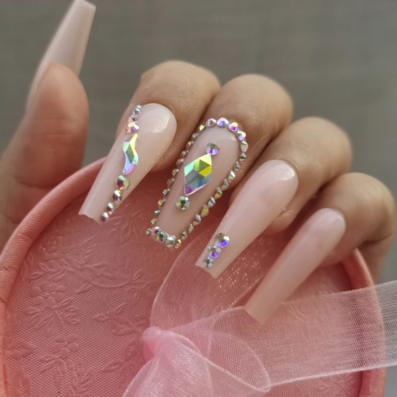 

24pcs New 2021 luxury jewelry long ballet coffin fake nails crystal diamond Nude